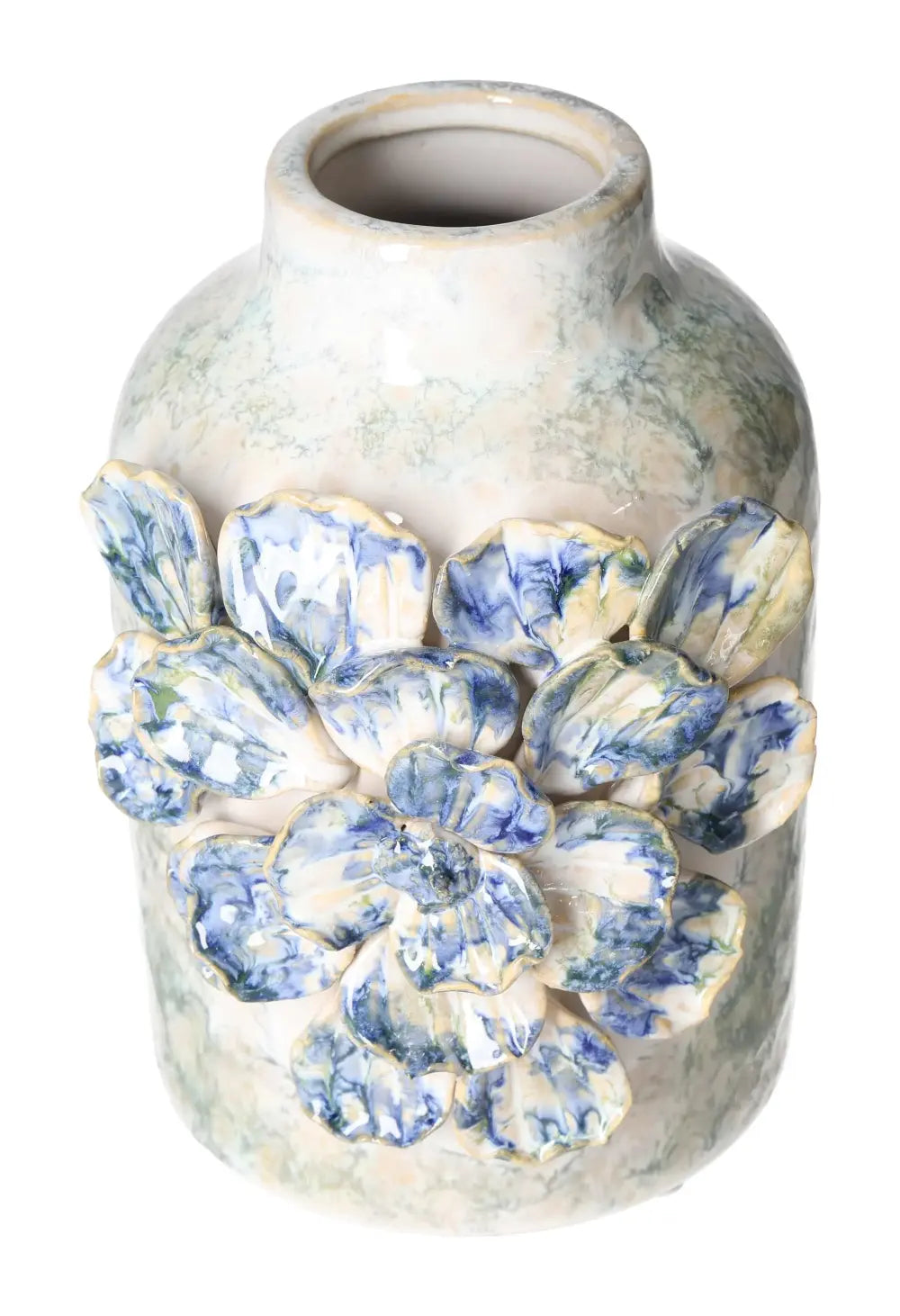 Blue stoneware vase with intricate floral design, showcasing artistry and modern elegance, handcrafted for decor enthusiasts.