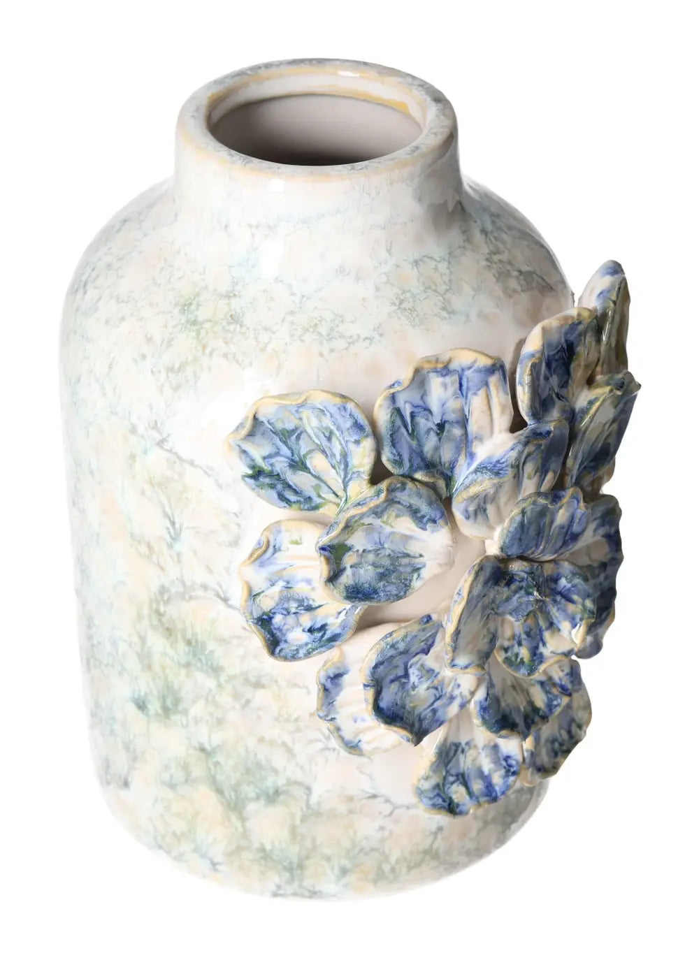 Blue stoneware vase with floral design, 14x13x18.5, handcrafted by Sylvia Crystals, showcasing elegance and nature-inspired decor.