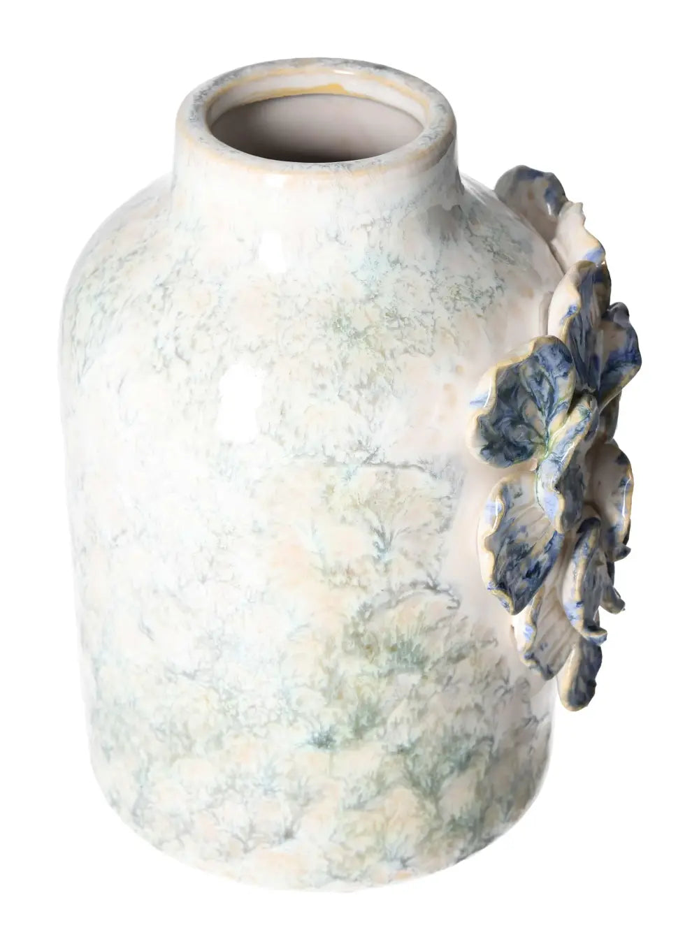 Elegant blue stoneware vase with floral design, 14x13x18.5, by Sylvia Crystals, showcasing nature-inspired modern elegance.