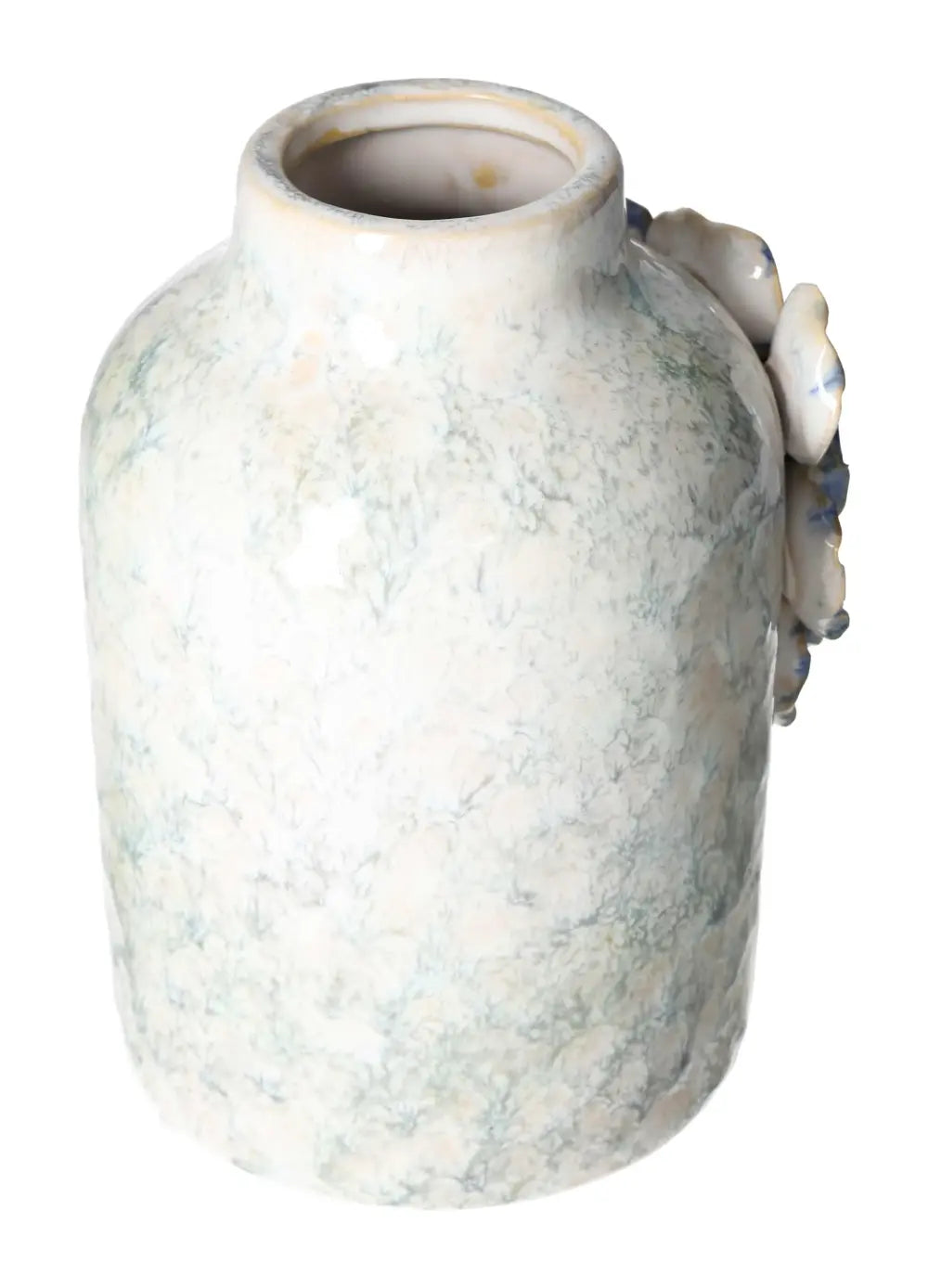 Elegant blue stoneware vase with a textured finish, standing 14x13x18.5 inches, showcasing modern elegance by Sylvia Crystals.