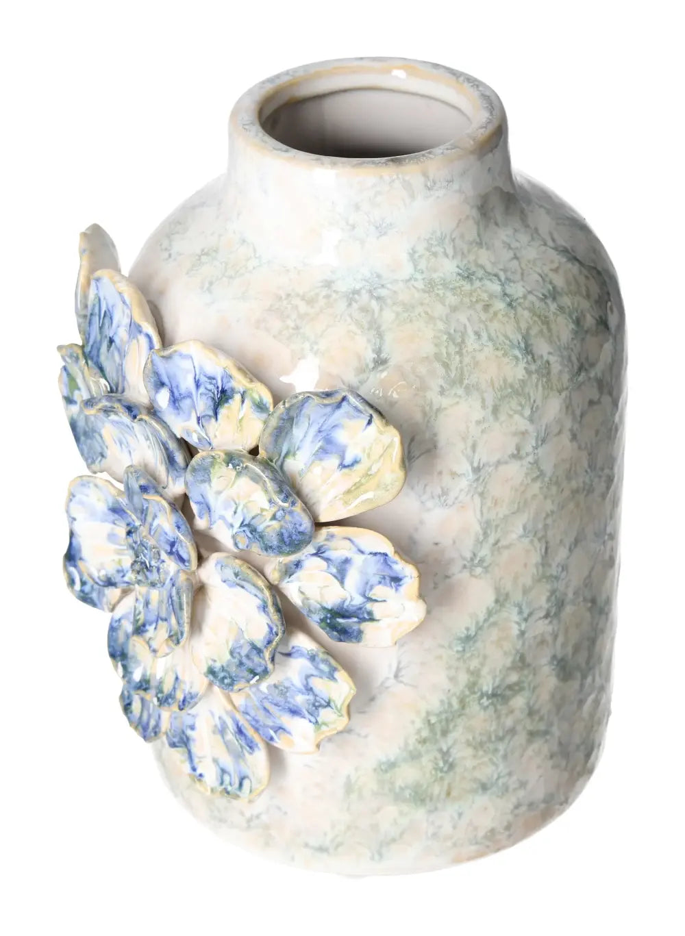 Luxurious Blue Stoneware Vase 14x13x18.5 by Sylvia Crystals, featuring floral design, ideal for elegant home decor.