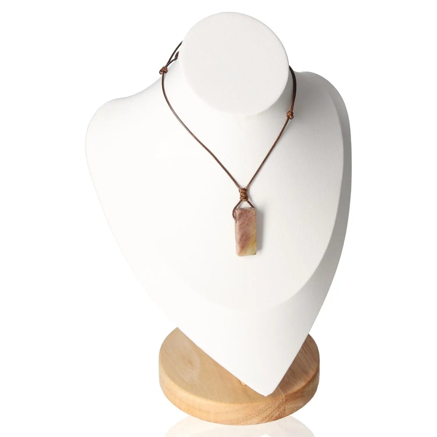Boho Necklace Amazonite displayed on a stand, featuring calming Amazonite stone for harmony and tranquility.