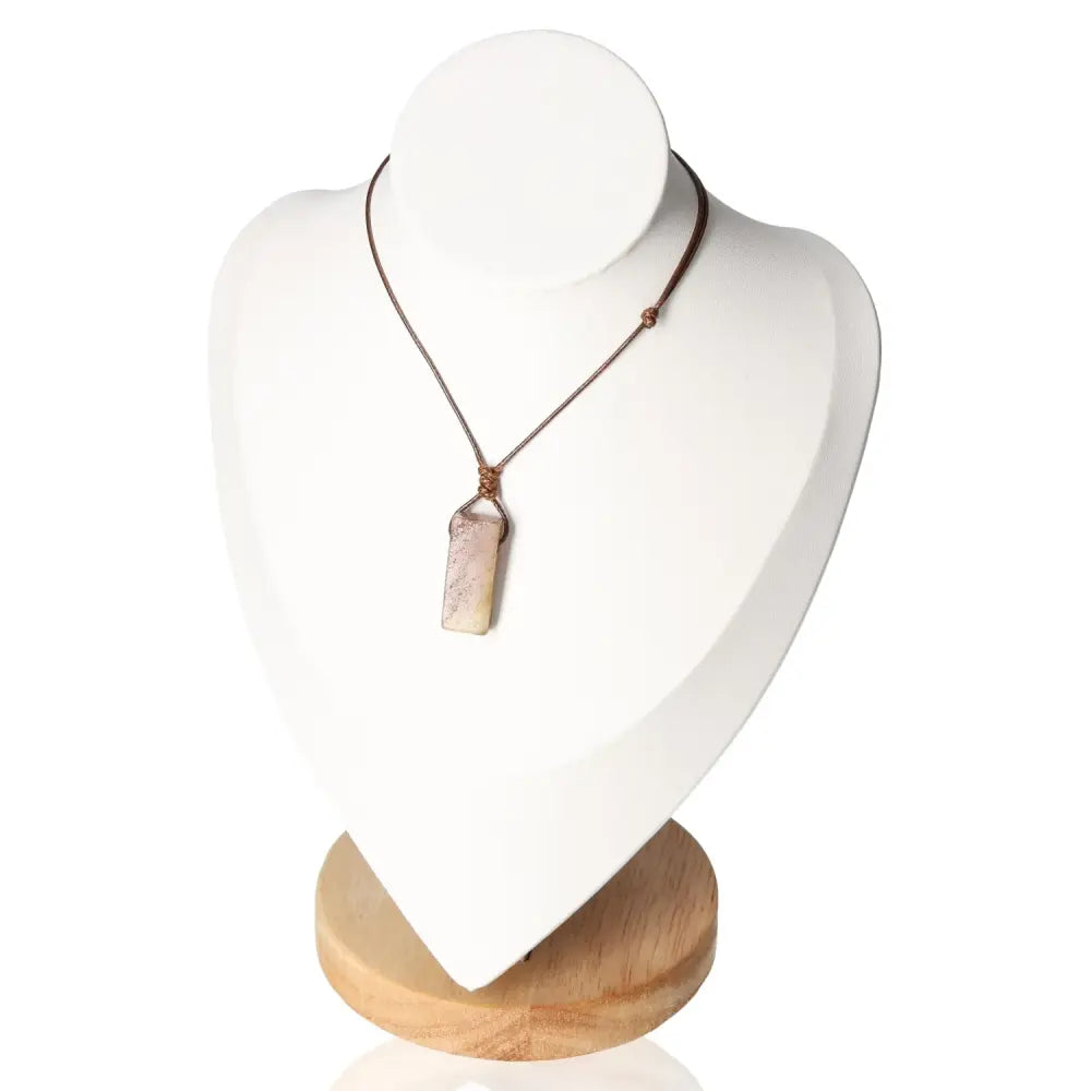 Boho Necklace Amazonite on display stand, showcasing serene elegance and harmony. Perfect for tranquility seekers.