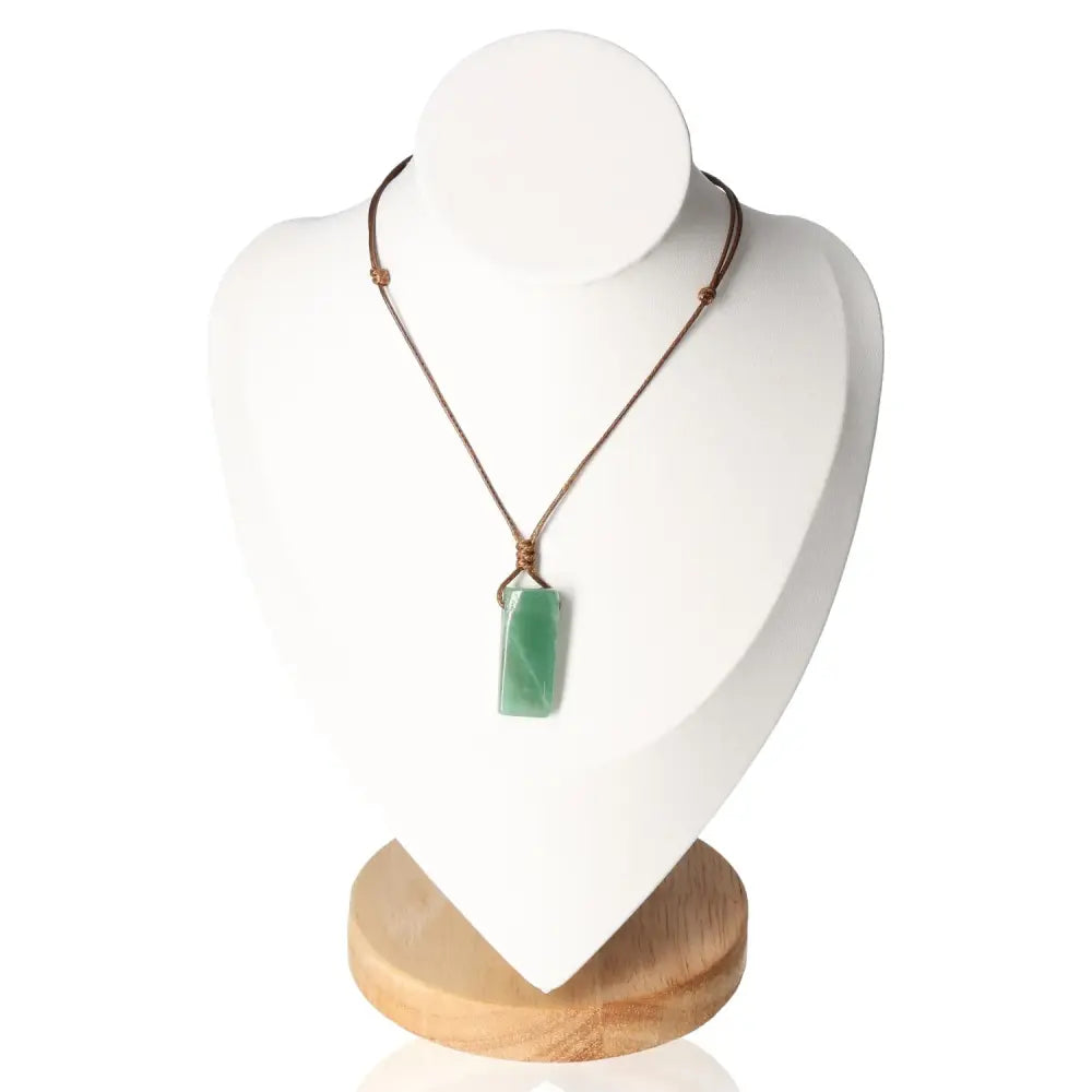 Boho Necklace with Authentic Green Aventurine Gemstone on Display Stand, Highlighting Bohemian Elegance and Natural Beauty.