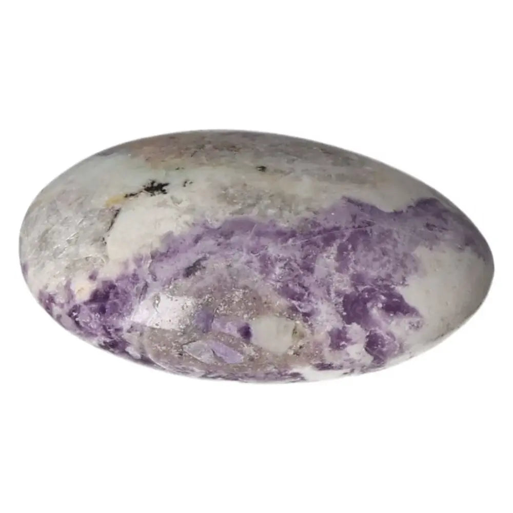 Bolivianite palmstone with purple and white marbling, smooth oval shape, perfect for crystal healing and meditation practices.