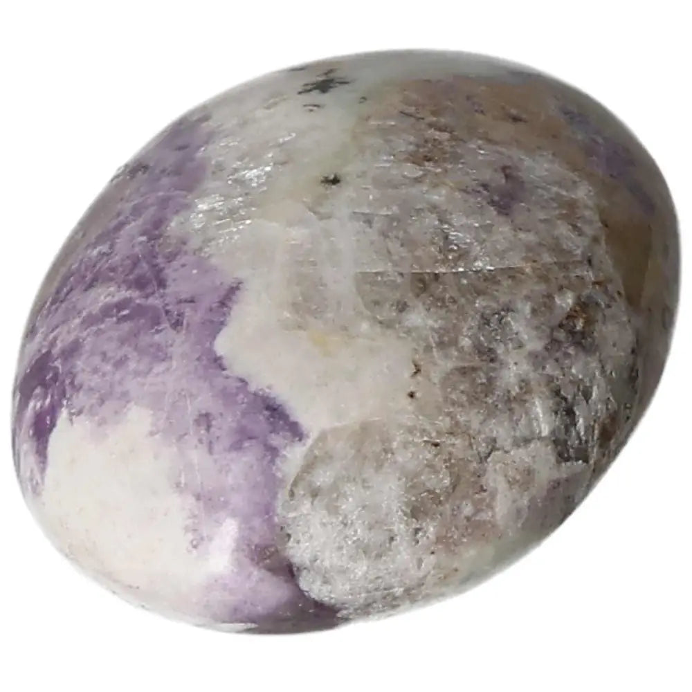 Smooth and polished Bolivianite palmstone with purple and white hues, ideal for crystal healing and decorative displays.