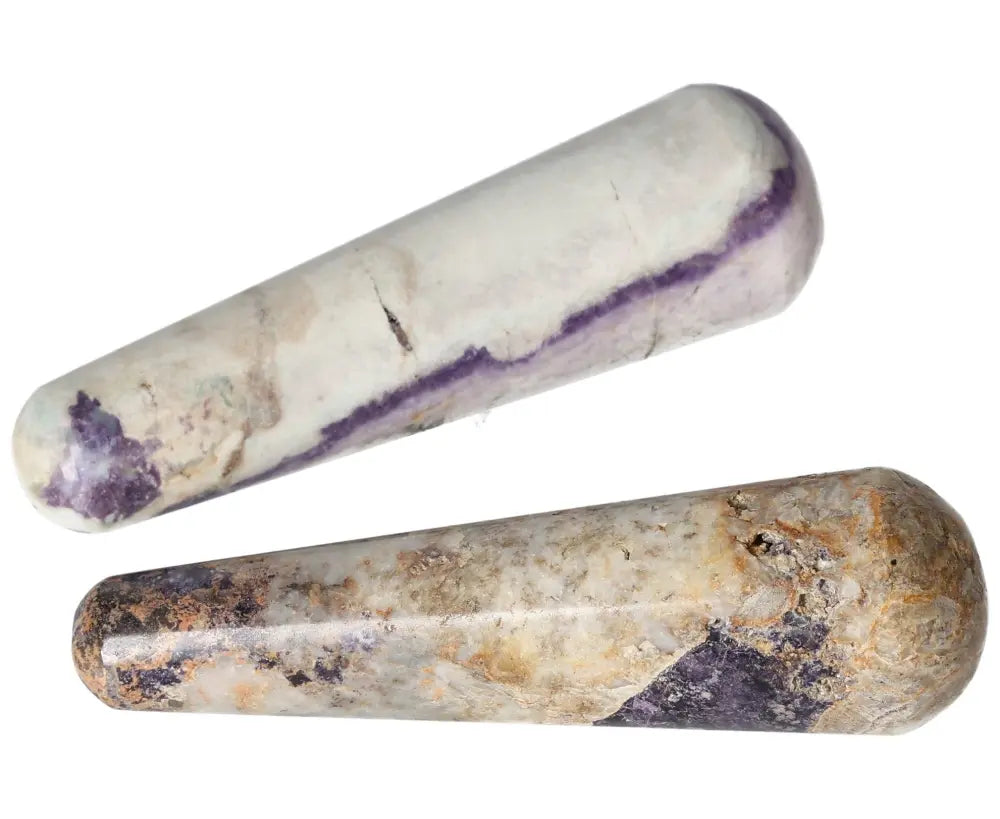 Bolivianite crystal wands featuring natural purple and beige patterns, ideal for healing and energy work.