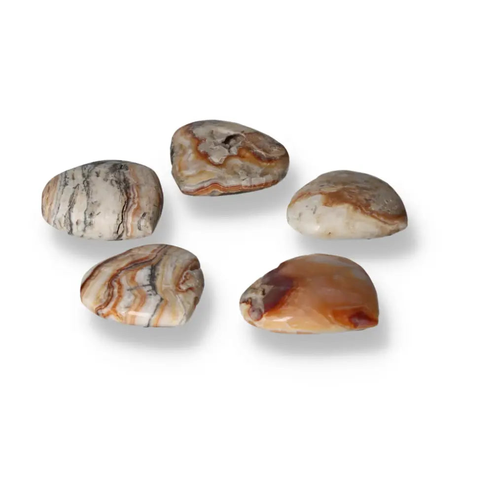 Brown Aragonite Heart stones with earthy tones and intricate patterns promoting stability and emotional healing.