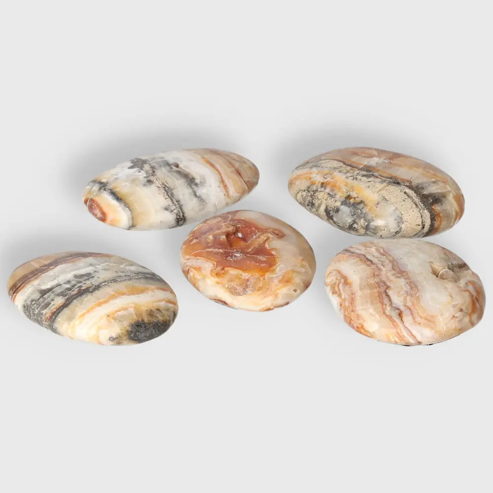 Five smooth Brown Aragonite palm stones with earthy tones, perfect for meditation and stress relief, arranged on a white background.