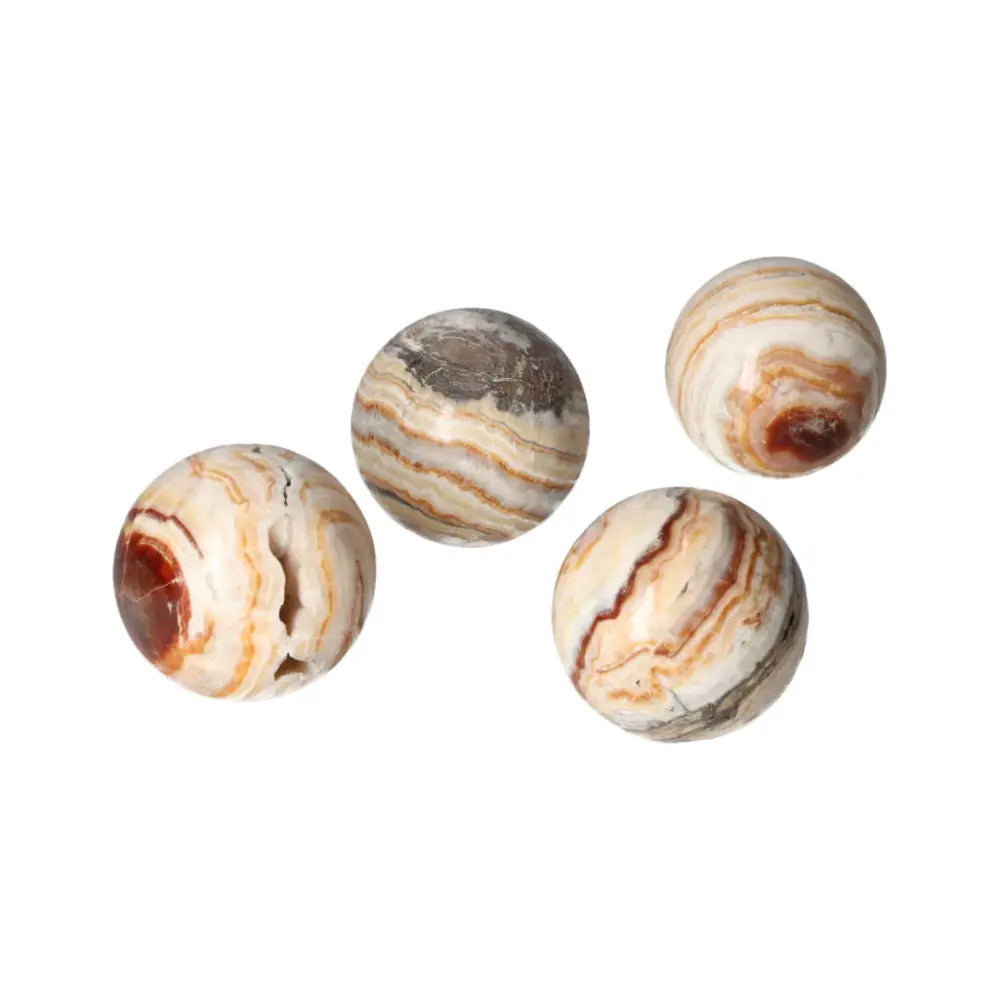 Four polished brown aragonite spheres showcasing unique earthy tones and crystal formations, promoting stability and emotional healing.