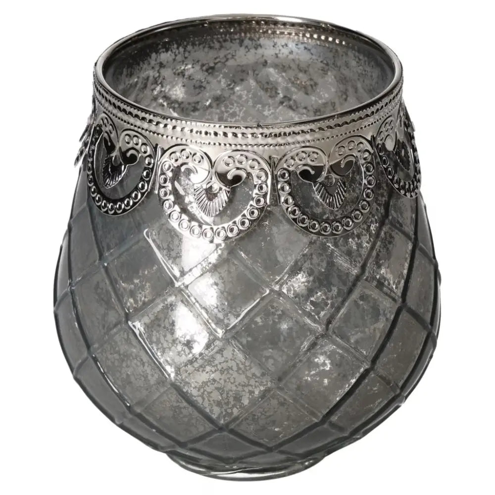 Decorative brown glass lantern with intricate silver trim, offering a blend of elegance and spirituality for luxurious home décor.