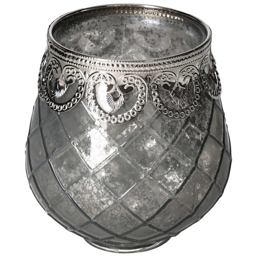 Elegant brown glass lantern with intricate silver detailing from Sylvia Crystals, enhances spaces with warm, luxurious glow.