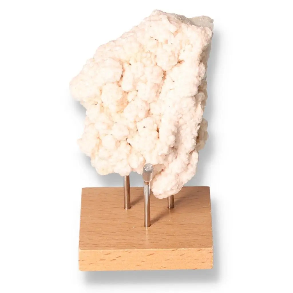 Pink Halite mineral on wooden stand, showcasing crystalline formations and delicate pink hue for purification and spiritual healing.
