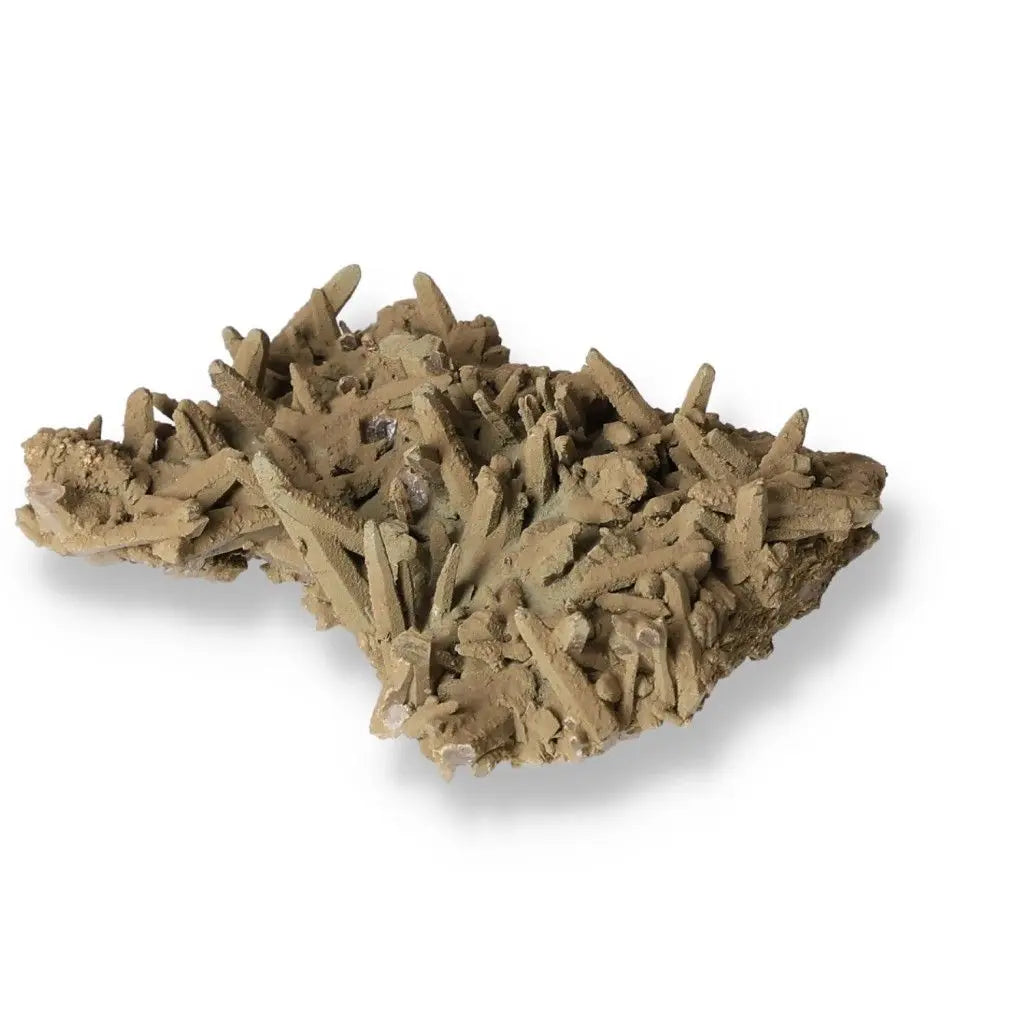 Raw Calcite crystal cluster with tan and brown hues on a white background, ideal for collectors and mineral enthusiasts.