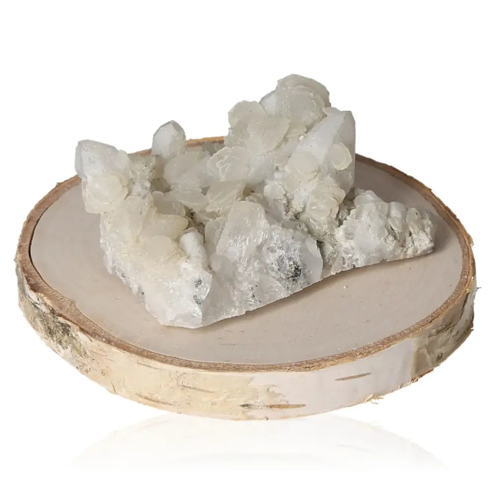 Calcite on Quartz crystal from Sylvia Crystals, showcasing elegant natural beauty on a wooden display.