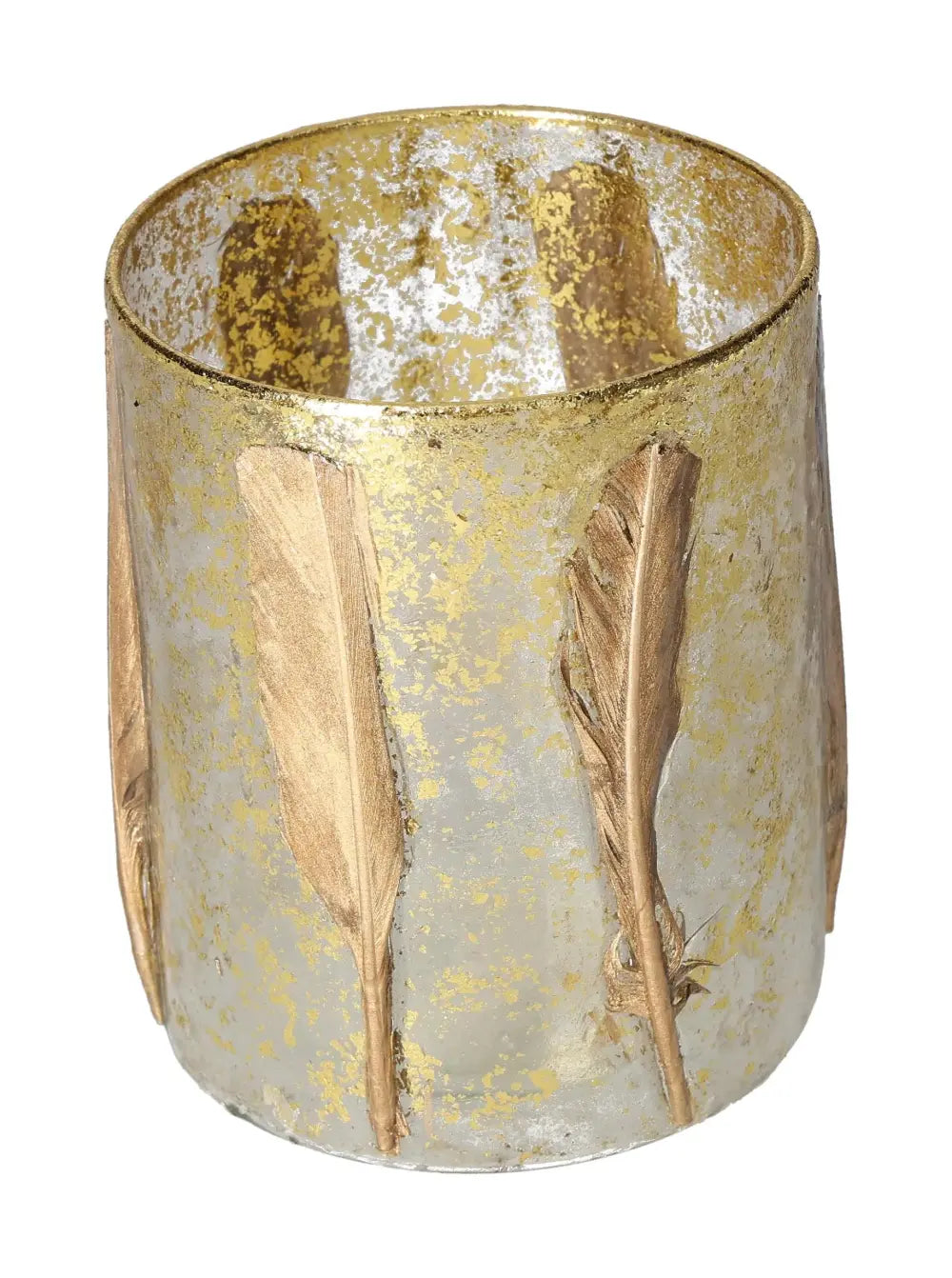 Elegant candle holder with gold feather motif, measuring 10x10x13, by Sylvia Crystals, symbolizing transformation and luxury.