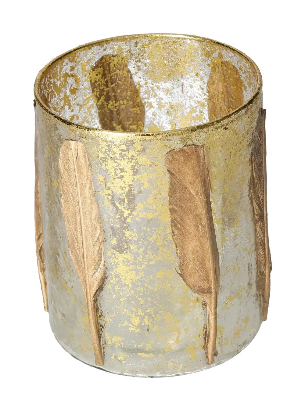 Elegant candle holder with gold feather motif, 10x10x13, highlighting luxury home decor and spiritual transformation.