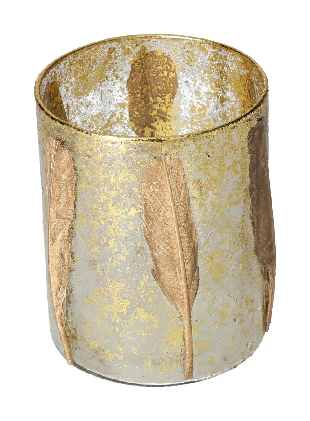 Gold feather motif candle holder, 10x10x13 cm, elegant home decor accessory from Sylvia Crystals, symbolizing transformation and growth.