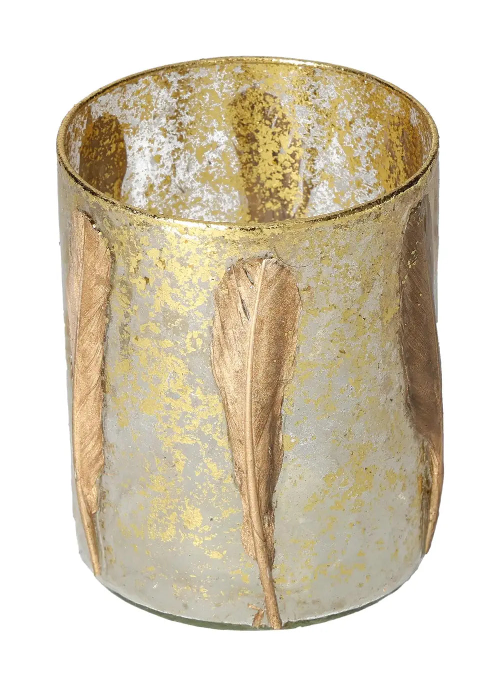 Elegant candle holder with gold feather motif, dimensions 10x10x13, symbolizing transformation and spiritual growth. Sylvia Crystals.