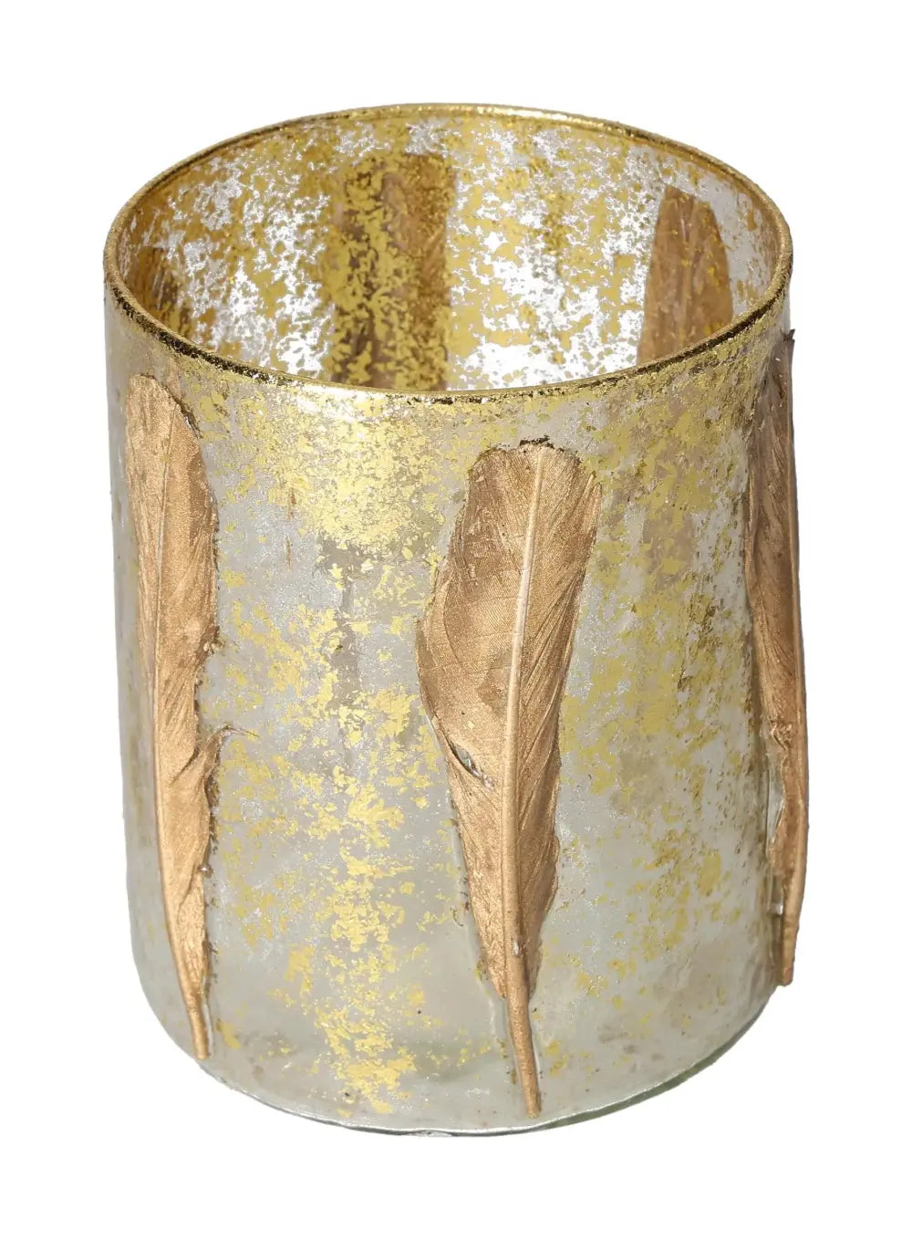 Elegant candle holder with gold feather motif, measuring 10x10x13, enhances home decor with a luxurious touch.