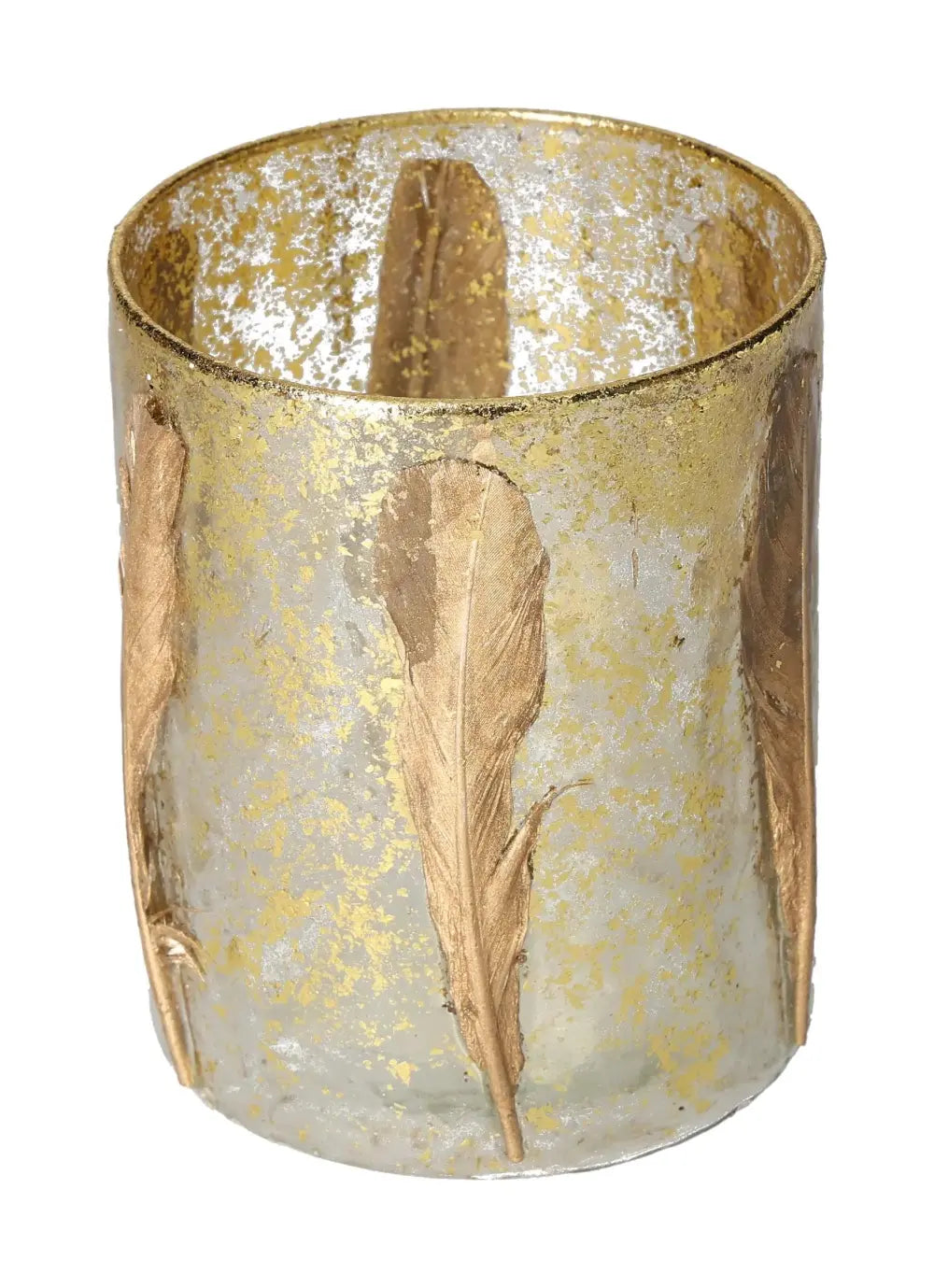 Candle holder with gold feather motif, 10x10x13, elegant home decor by Sylvia Crystals.