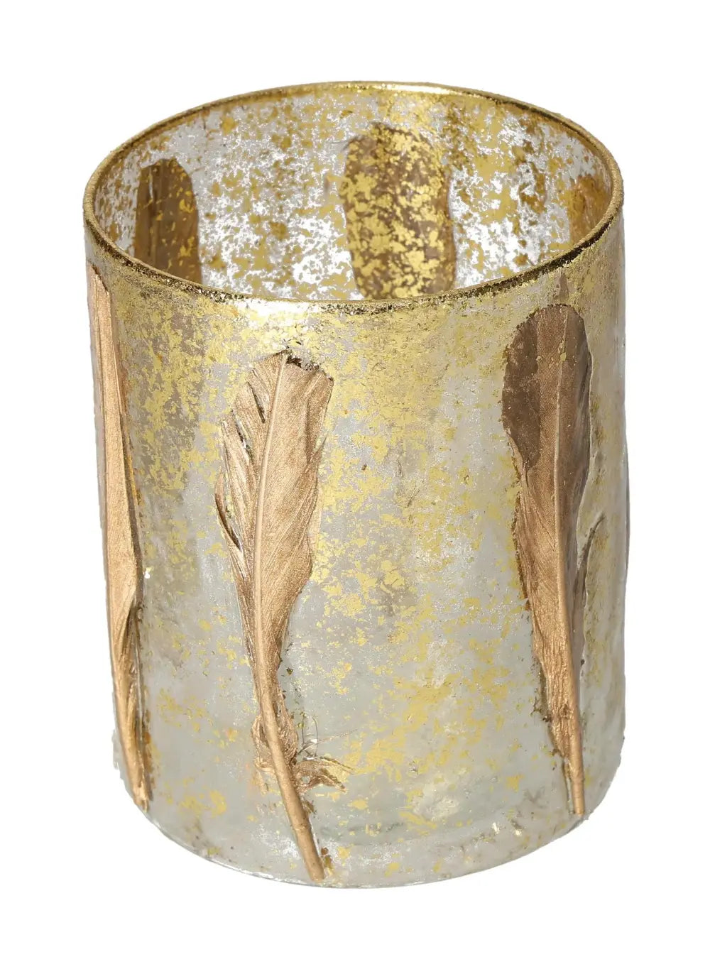 Candle holder with gold feather motif, 10x10x13, elegantly crafted for luxury home decor and spiritual growth.