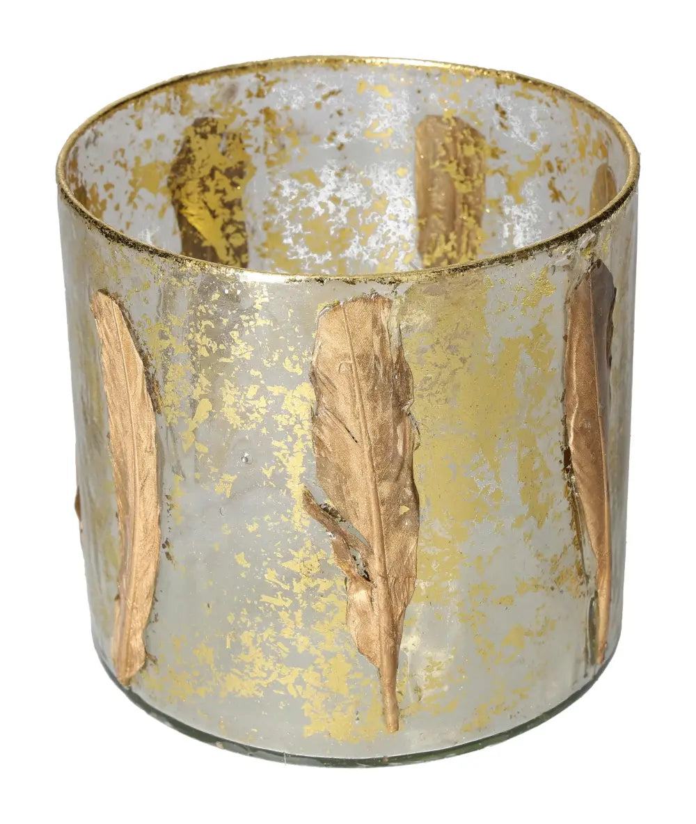 Candle holder with elegant gold feather motifs, luxury home decor by Sylvia Crystals, blending spirituality and sophistication.