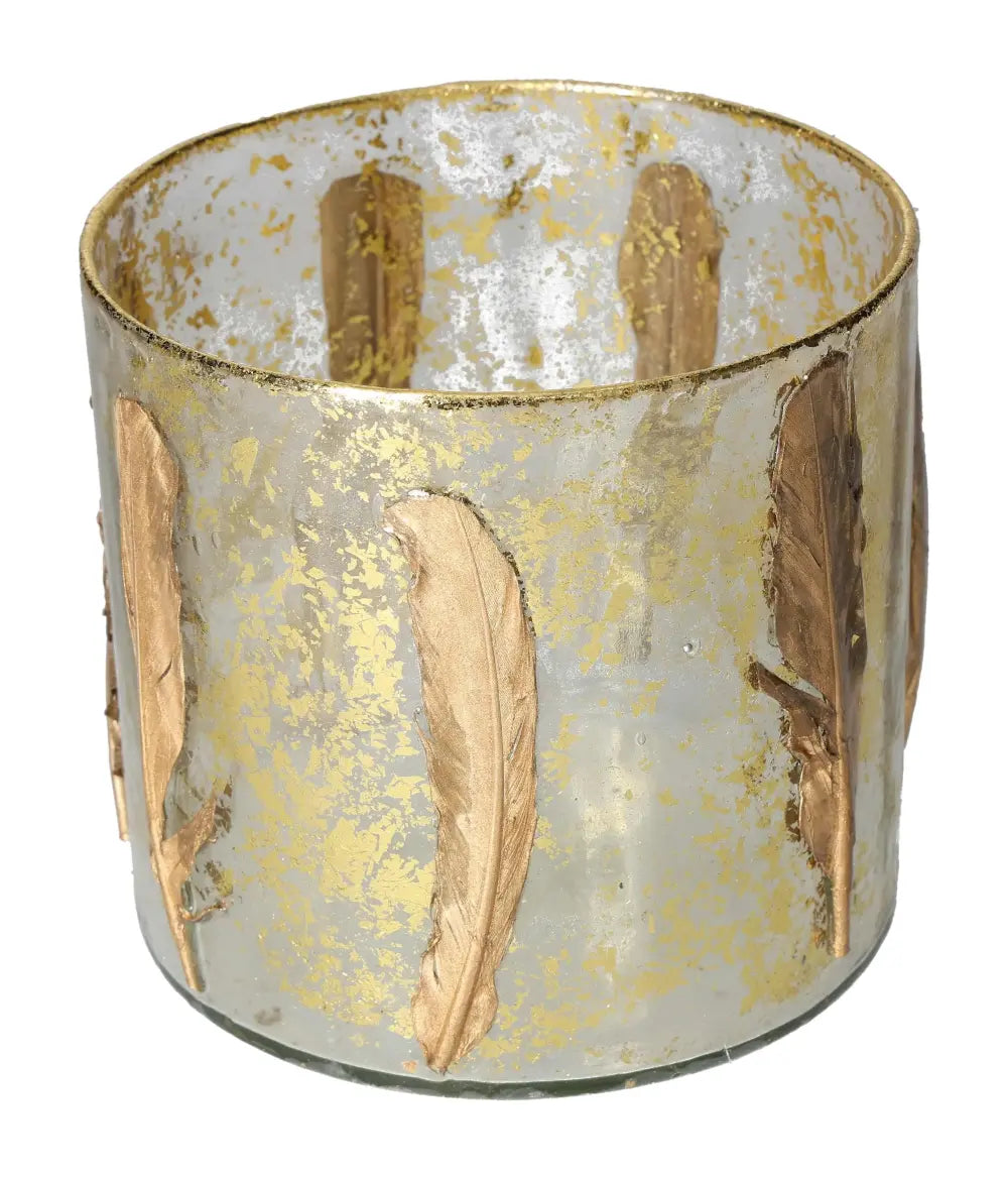 Luxury candle holder with gold feather motif by Sylvia Crystals, elegant and spiritual home décor accessory.