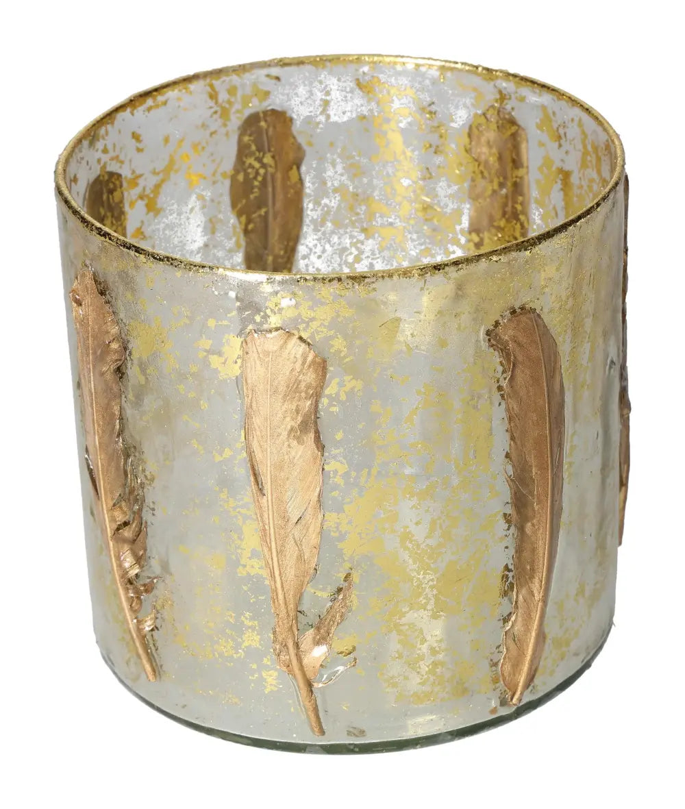 Luxury candle holder with gold feather motif, showcasing exquisite craftsmanship and timeless elegance by Sylvia Crystals.