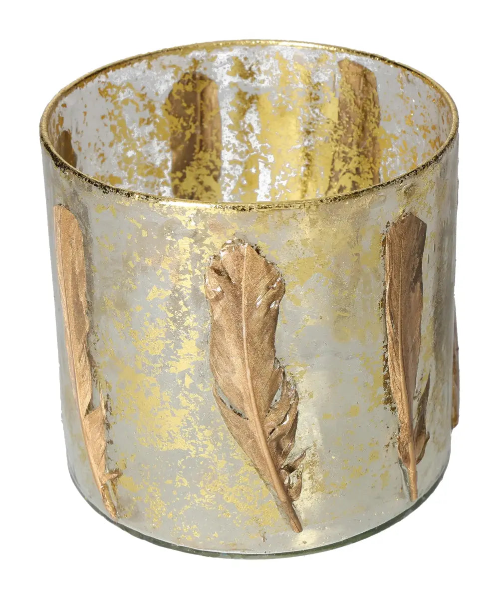 Luxury candle holder with gold feather motif by Sylvia Crystals, showcasing elegance and sophistication for a refined home decor.