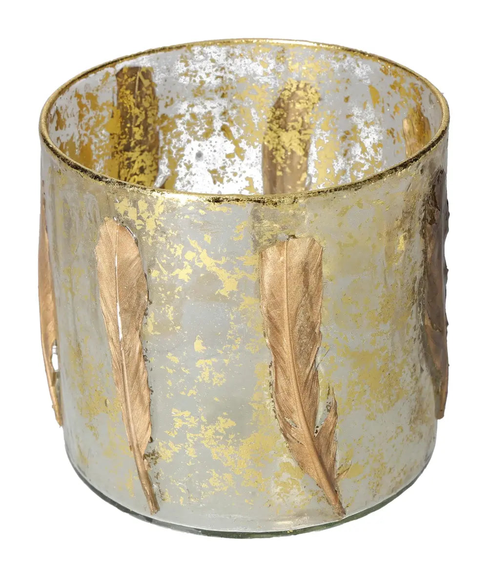 Luxurious candle holder with gold feather motif by Sylvia Crystals, embodying elegance and sophistication.