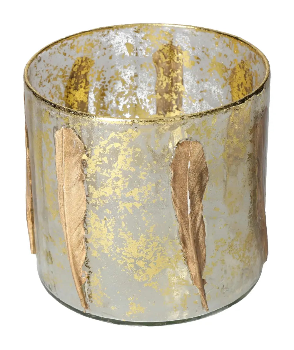 Luxurious candle holder with gold feather motif, representing spirituality and sophistication by Sylvia Crystals.