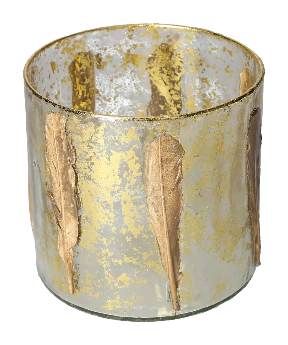 Luxury candle holder with gold feather motif by Sylvia Crystals, blending spirituality and elegance for sophisticated decor.