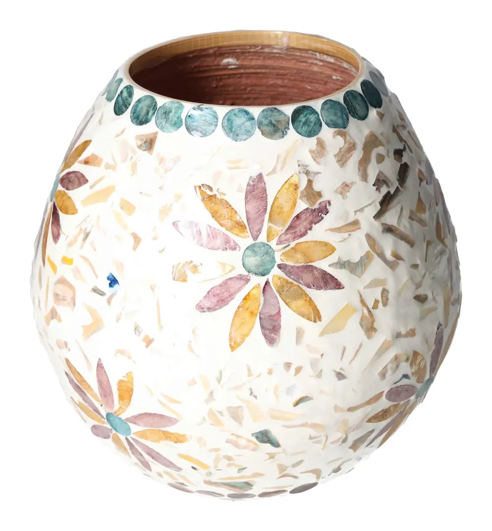 Handcrafted Capiz Style Vase with floral patterns, showcasing luxury and divine geometric design by Sylvia Crystals.