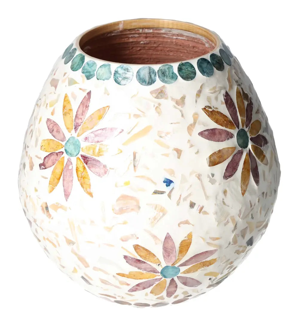 Exquisite Capiz Style Vase with geometrical floral patterns and natural lustre, crafted for luxury and conscious living by Sylvia Crystals.
