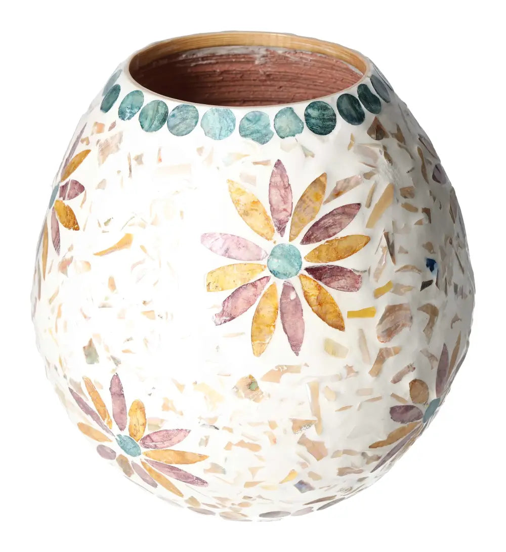 Floral Capiz Style Vase with intricate geometric patterns from Sylvia Crystals, showcasing luxury craftsmanship and natural elegance.