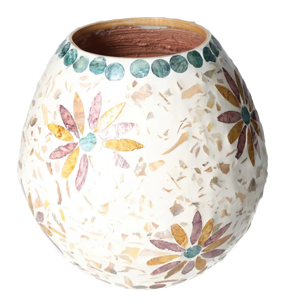 Capiz Style Vase by Sylvia Crystals, featuring divine geometric floral patterns in natural tones, 21x21x20 size.