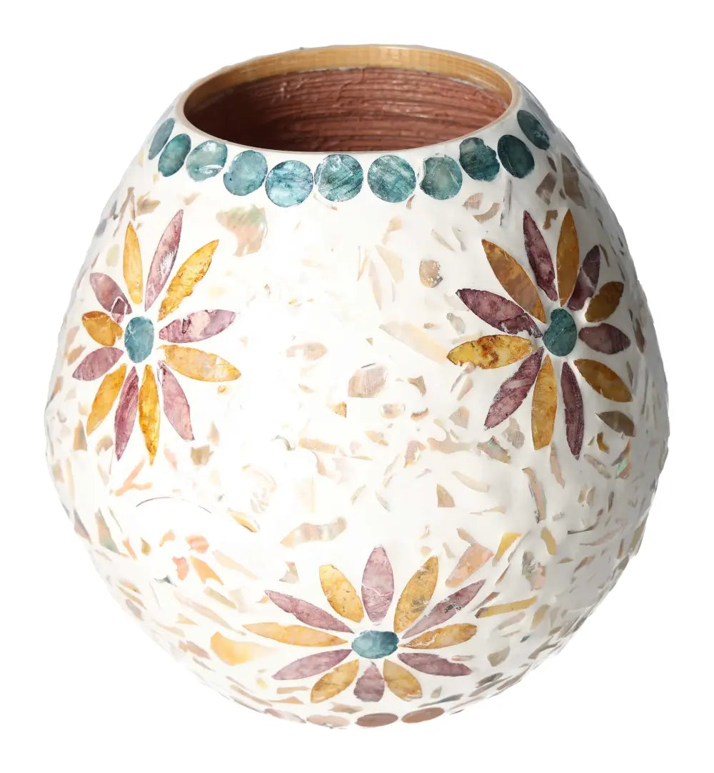 Capiz Style Vase 21x21x20 by Sylvia Crystals with floral geometric design, showcasing luxury and craftsmanship.