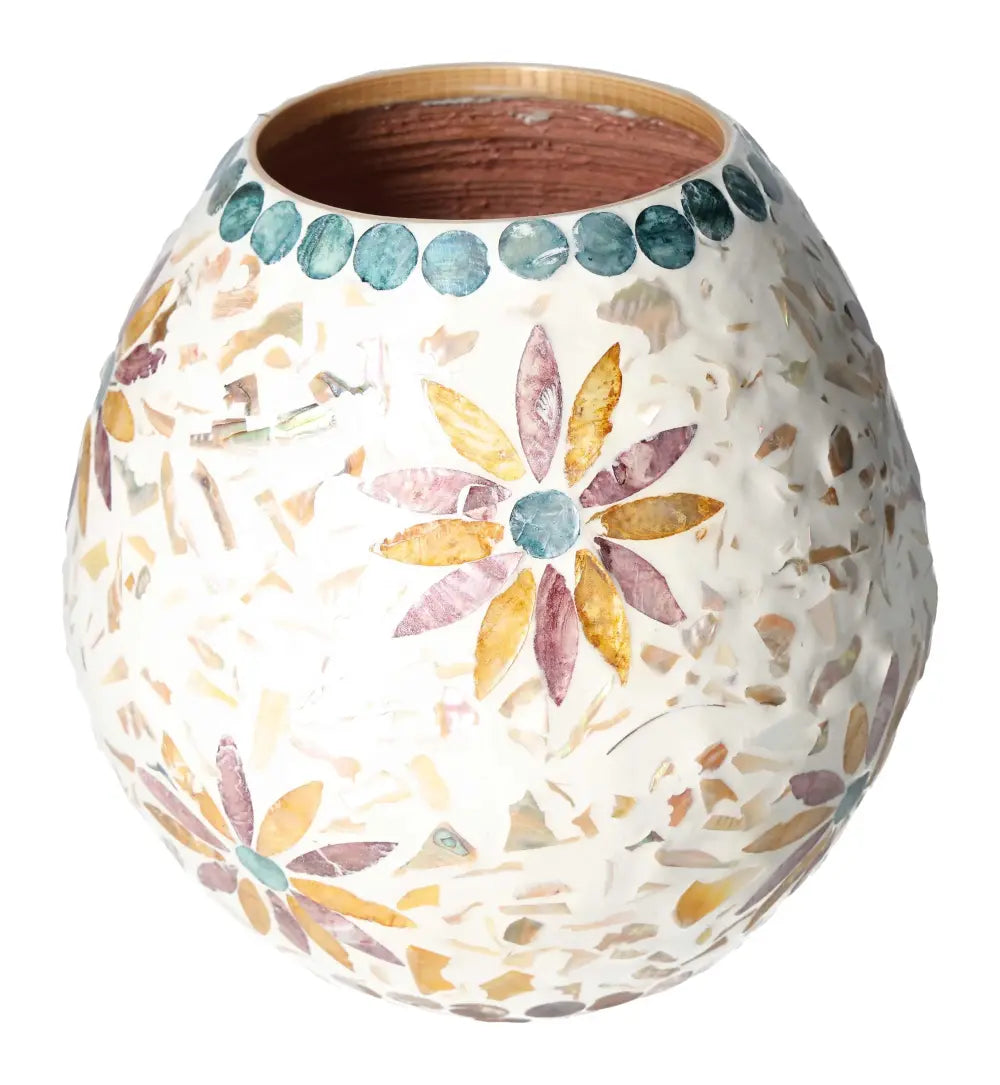 Capiz Style Vase 21x21x20 by Sylvia Crystals featuring intricate patterns and natural lustre, inspired by divine geometry.