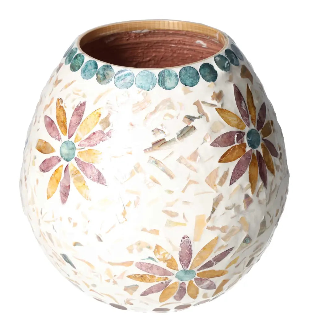 Alt Tag: Capiz Style Vase with floral patterns, showcasing intricate design and natural lustre from Sylvia Crystals.