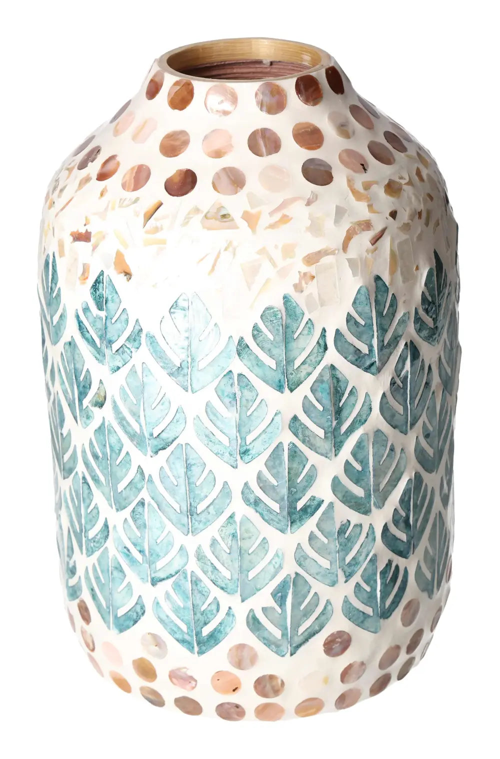 Elegant Capiz Style Vase with iridescent finish and leaf design, blending luxury and contemporary artistry from Sylvia Crystals.