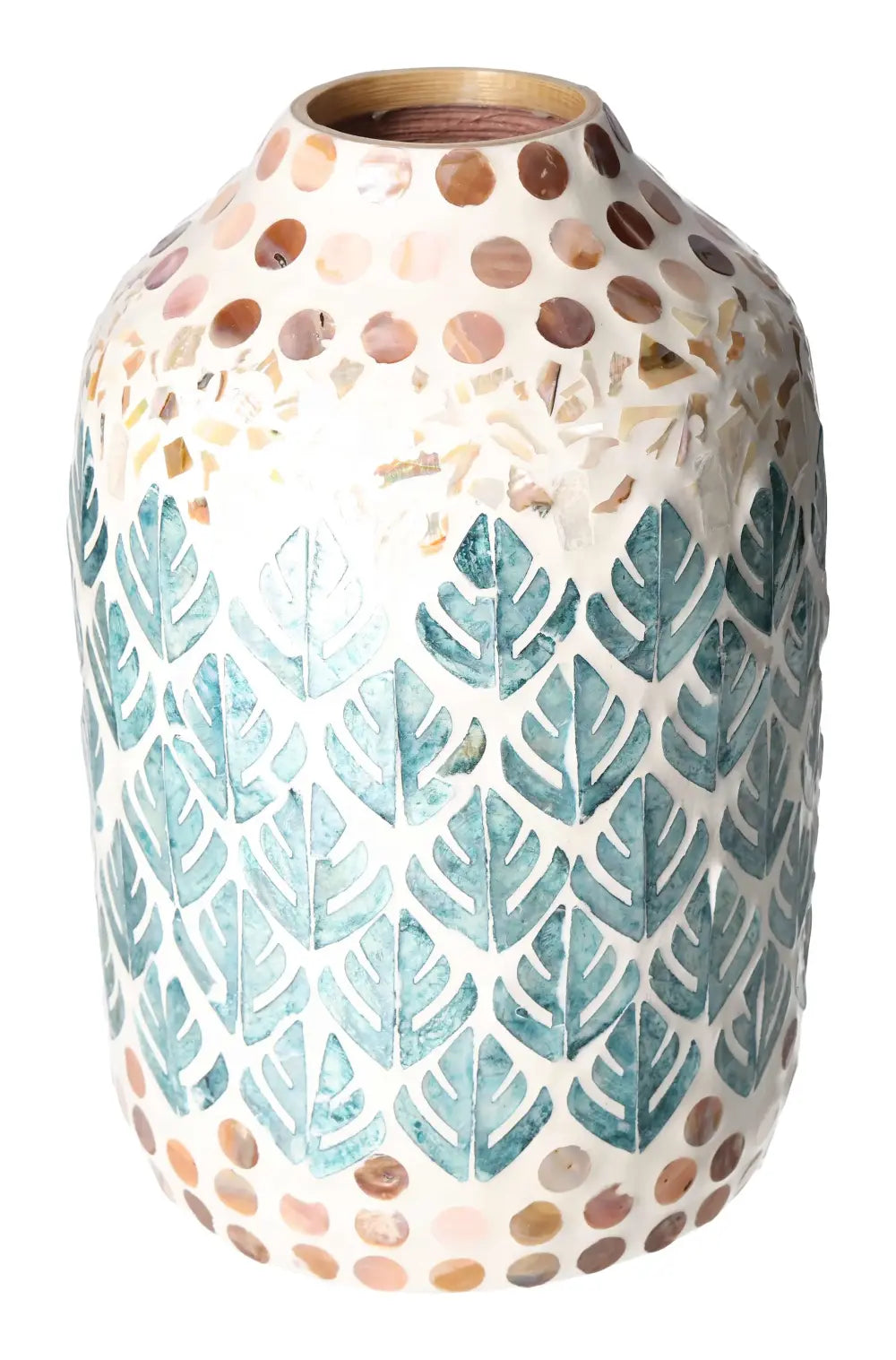 Capiz Style Vase featuring iridescent capiz shell design, blending elegance with contemporary artistry for luxury home decor.