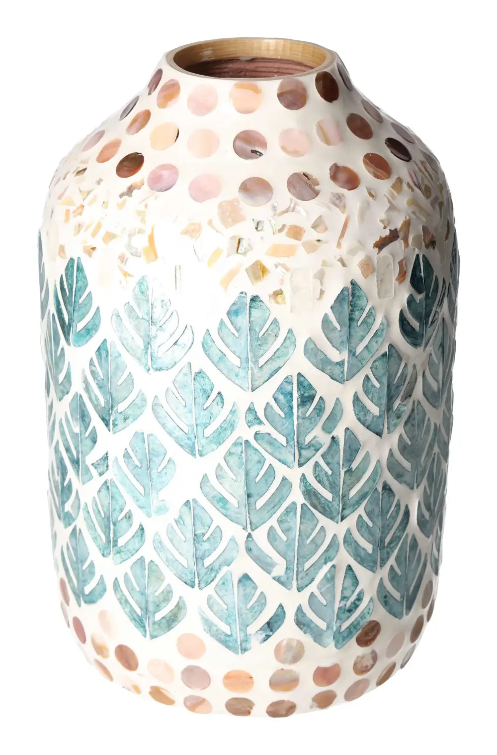 Elegant Capiz Style Vase with iridescent finish, featuring leaf patterns and capiz shell detailing for luxury home decor.