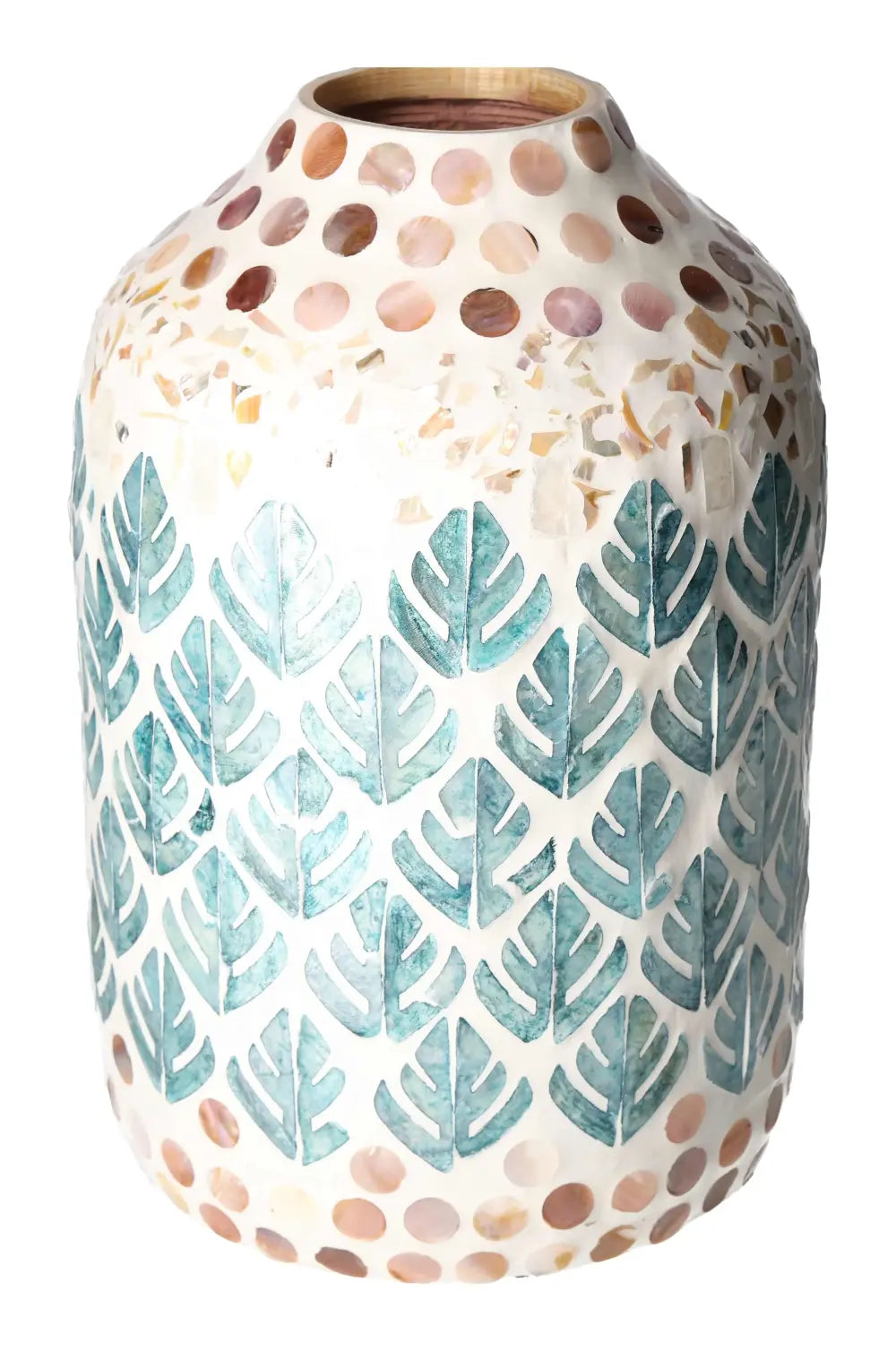 Capiz Style Vase with iridescent finish and leaf pattern, showcasing luxury and artistry from Sylvia Crystals' premium collection.