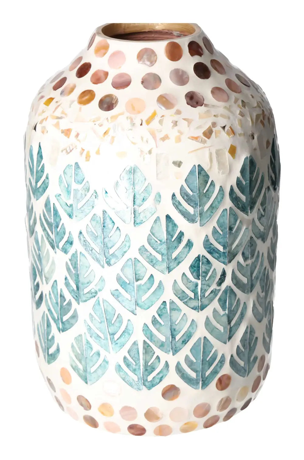 Capiz Style Vase from Sylvia Crystals, featuring iridescent capiz shells with a leaf pattern, exemplifying luxury and craftsmanship.