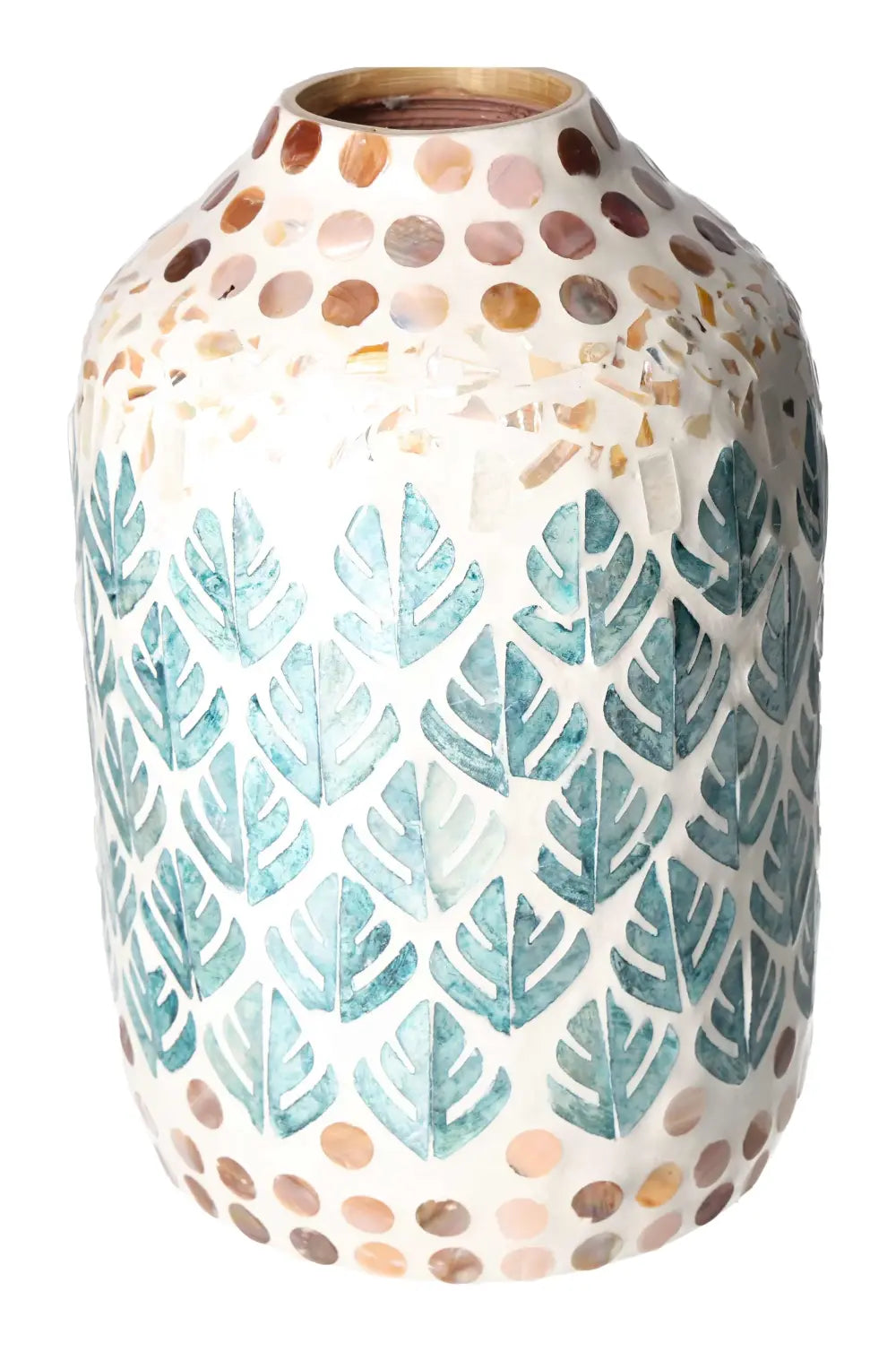 Luxurious Capiz Style Vase with iridescent capiz shells, featuring elegant leaf pattern; perfect for modern home decor.