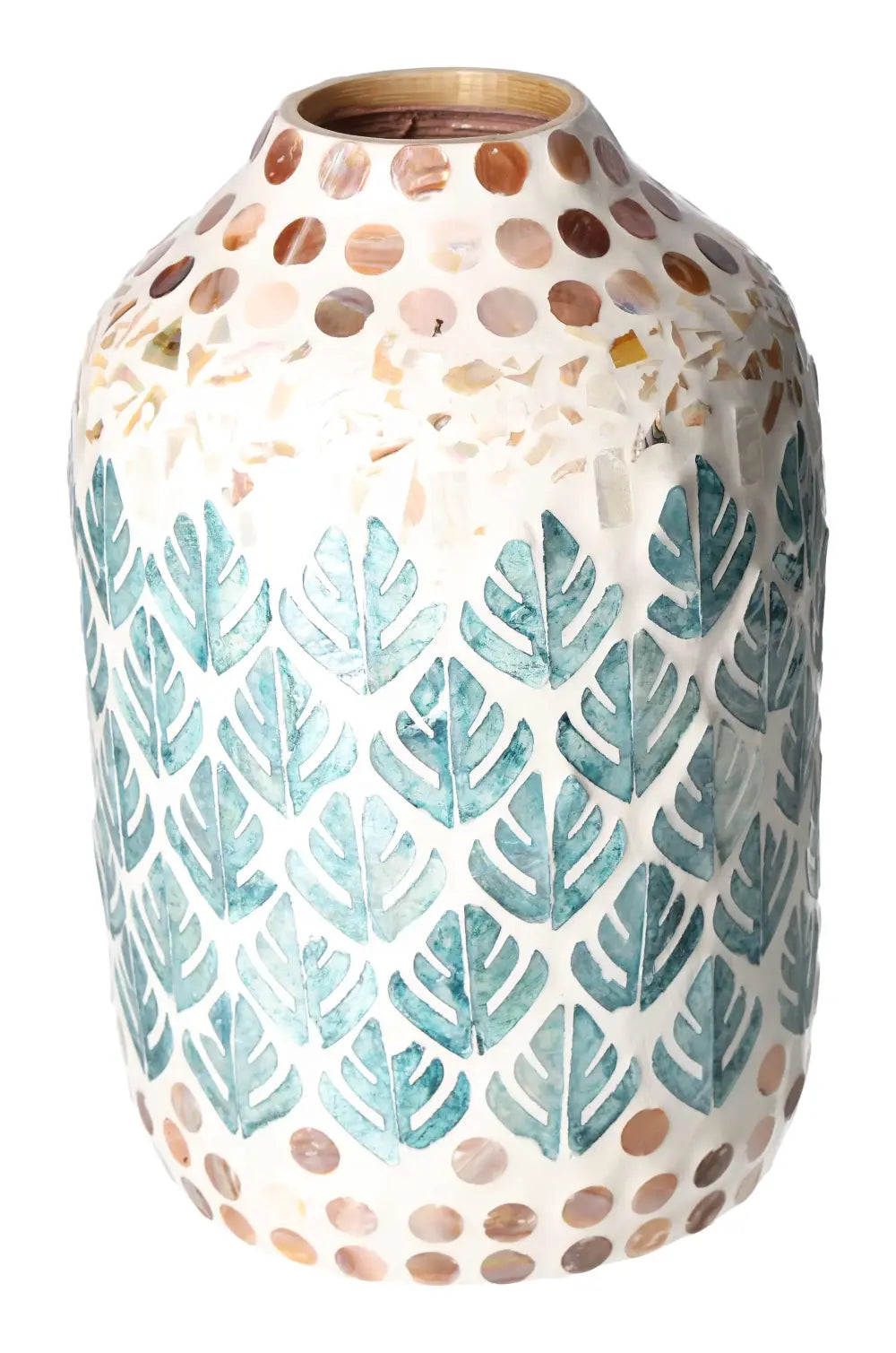 Capiz Style Vase from Sylvia Crystals featuring an iridescent finish with leaf and dot patterns, blending elegance and spirituality.