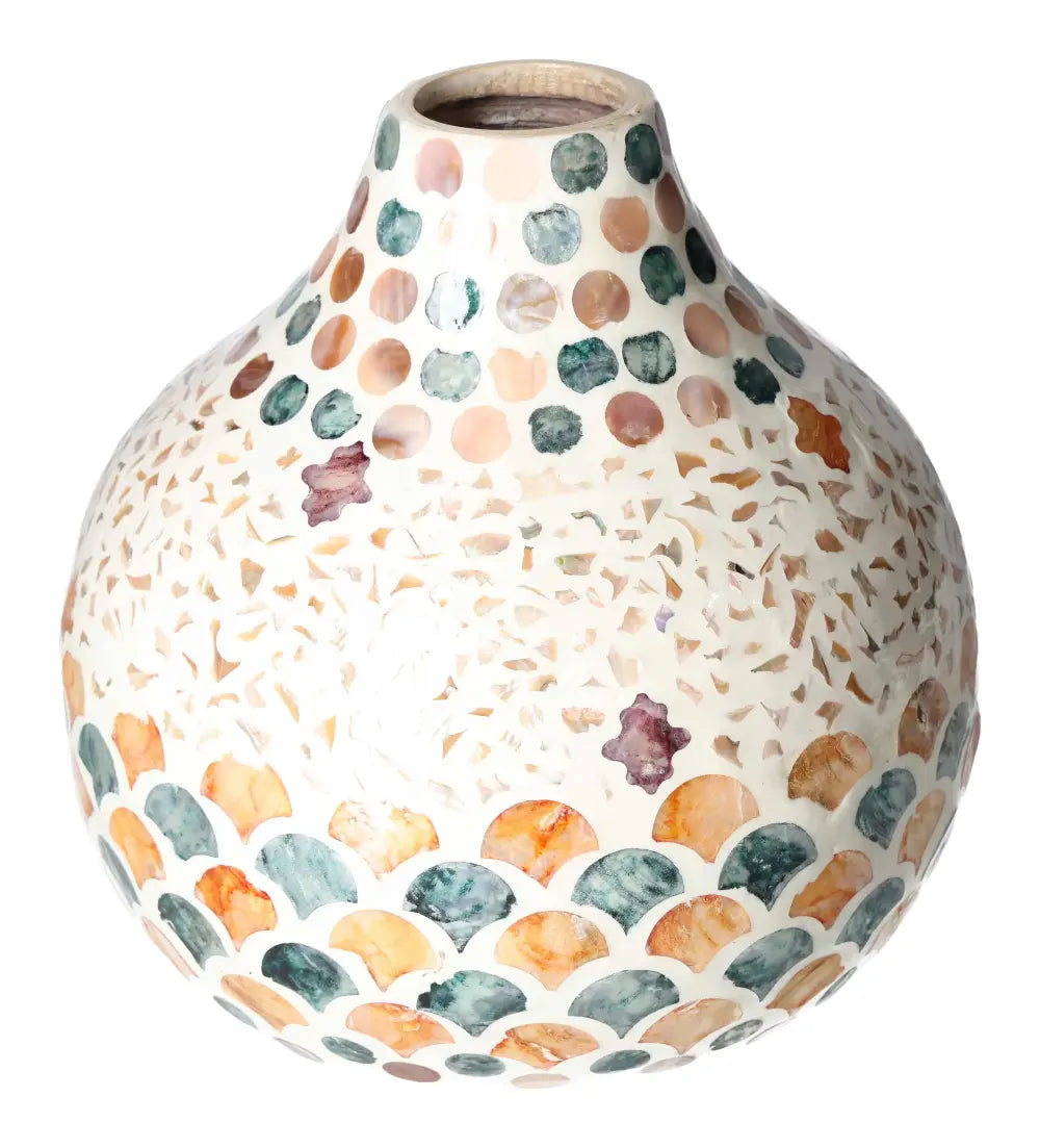 Capiz Style Vase 24x24x23 with shimmering shell finish, displaying luxury craftsmanship from Sylvia Crystals.