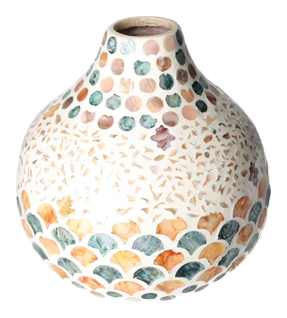 Capiz Style Vase with colorful shell finish, dimensions 24x24x23, showcasing luxury and craftsmanship by Sylvia Crystals.