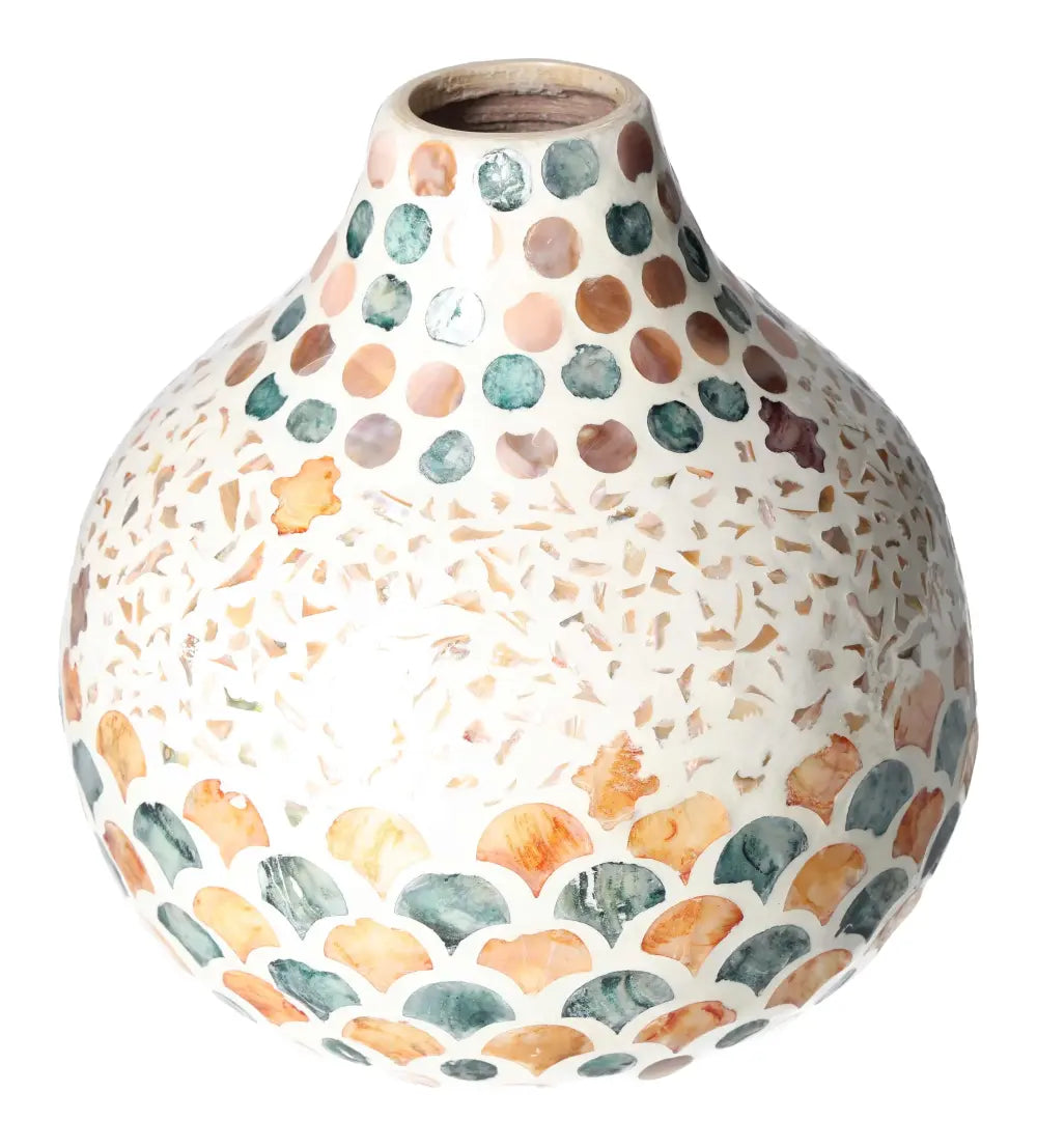 Capiz Style Vase 24x24x23 with shimmering shell finish, from Sylvia Crystals, showcasing luxury and elegance with unique craftsmanship.